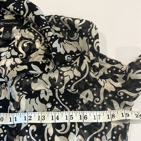 INC International Concept Sheen Black & White Button Down Long Sleeve Blouse - Picture 3 of 6